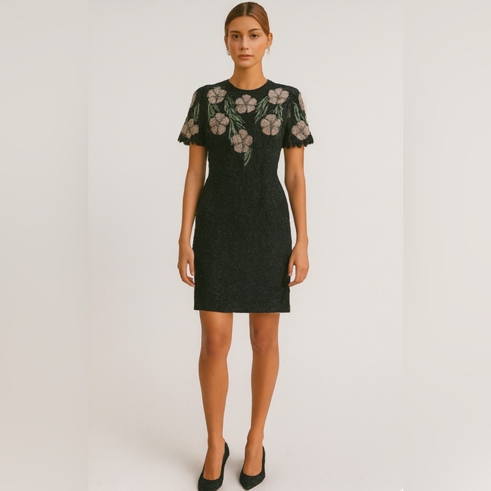 Vintage SCALA 100% Silk Fully Beaded Floral Midi Dress Formal Cocktail Large